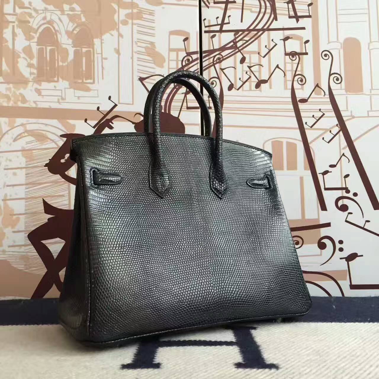 Cheap Hermes CK89 Black Lizard Shiny Leather  Birkin Bag 25cm