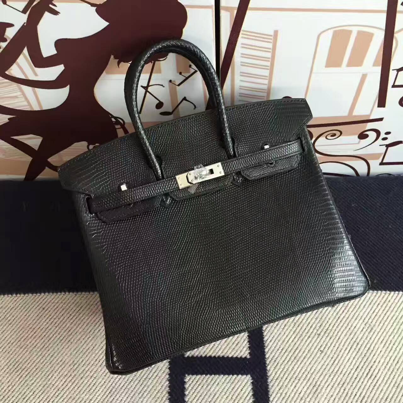 Cheap Hermes CK89 Black Lizard Shiny Leather  Birkin Bag 25cm