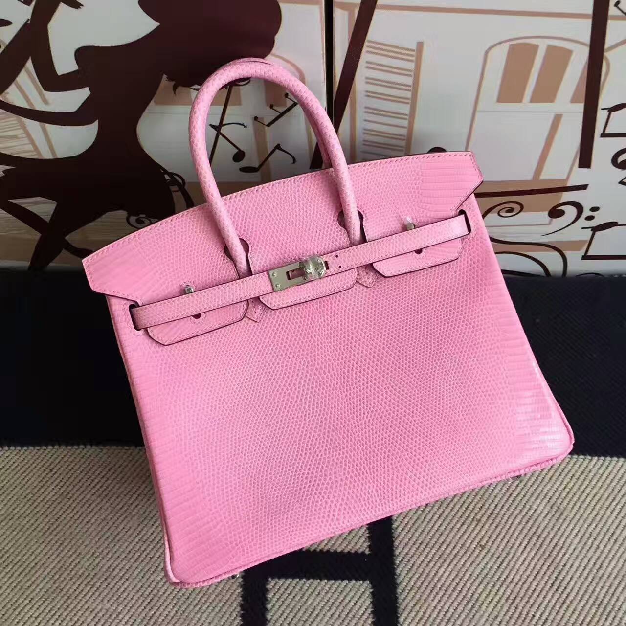 Noble Hermes Birkin Bag 25cm in 5P Rose Sakura Lizard Shiny Leather