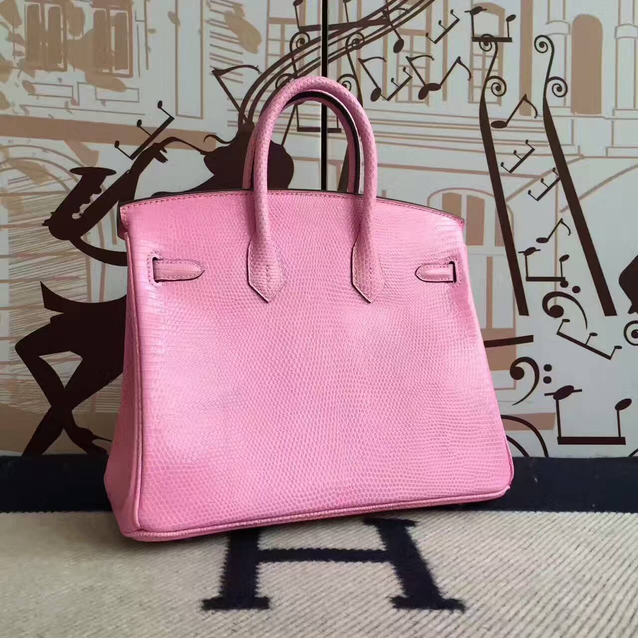 Noble Hermes Birkin Bag 25cm in 5P Rose Sakura Lizard Shiny Leather