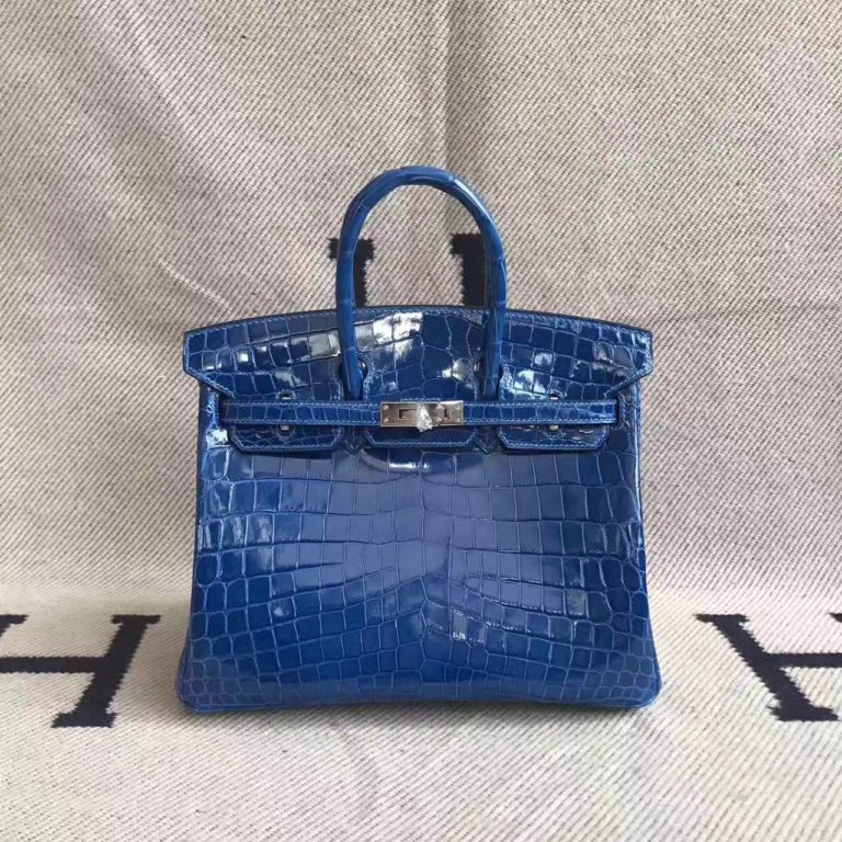 High Quality Hermes 7Q Mykonos Blue Crocodile Shiny Leather Birkin Bag  25cm