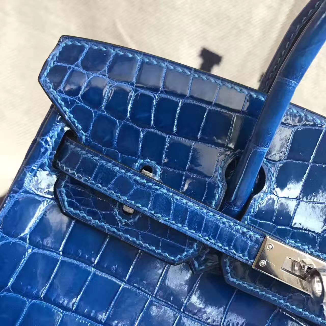 High Quality Hermes 7Q Mykonos Blue Crocodile Shiny Leather Birkin Bag 25cm