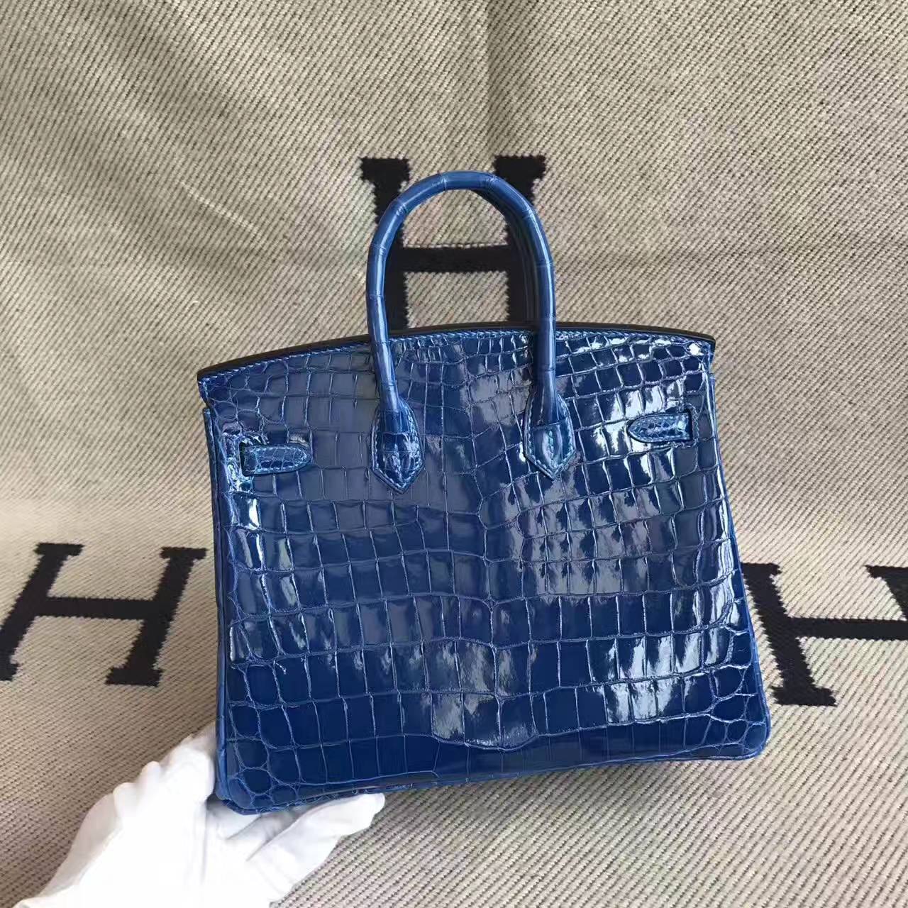 High Quality Hermes 7Q Mykonos Blue Crocodile Shiny Leather Birkin Bag 25cm