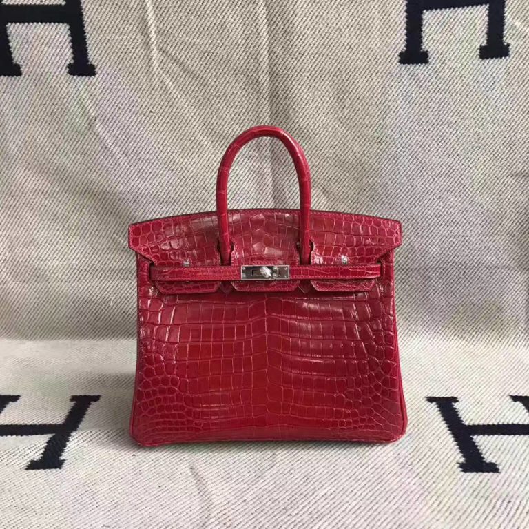 Hermes Red Crocodile Shiny Leather Birkin Bag  25cm