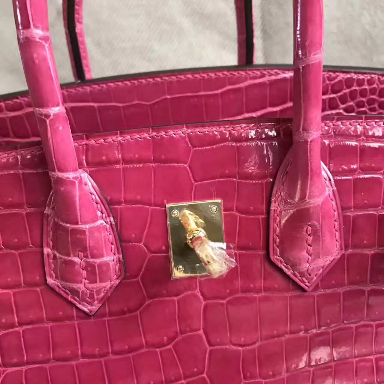 Hand Stitching Hermes Birkin25cm E5 Rose Tyrien Crocodile Shiny Leather