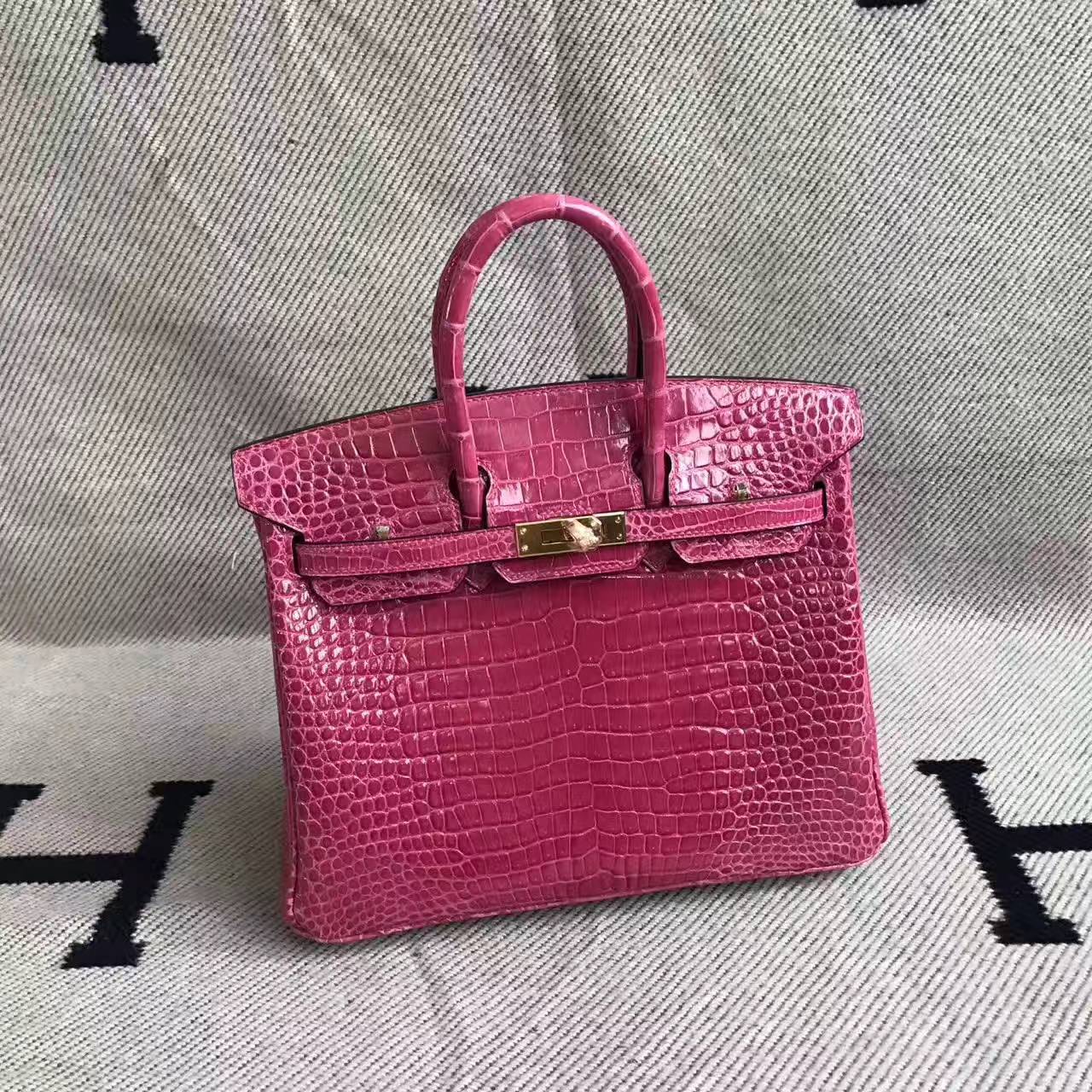 Hand Stitching Hermes Birkin25cm E5 Rose Tyrien Crocodile Shiny Leather