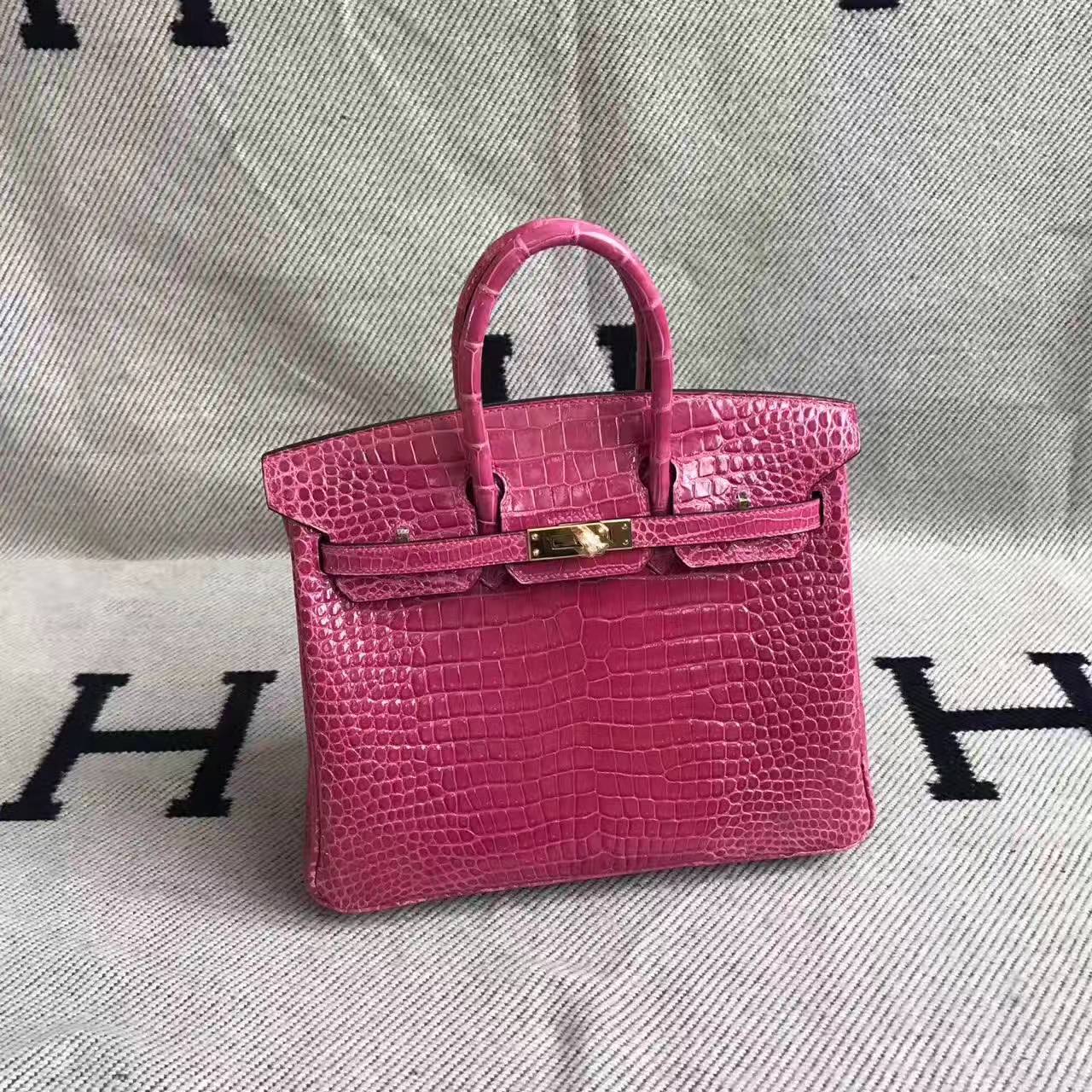 Hand Stitching Hermes Birkin25cm E5 Rose Tyrien Crocodile Shiny Leather