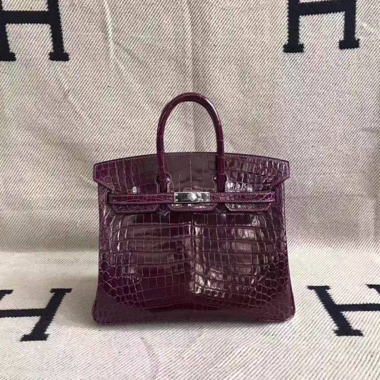 Hermes N5 Cassis Purple Crocodile Shiny Leather Birkin Bag  25cm