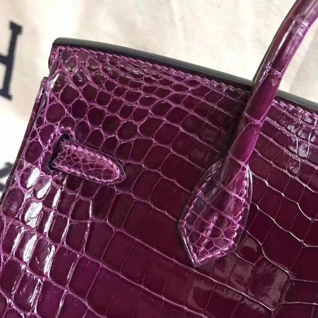 New Arrival Hermes N5 Cassis Purple Crocodile Shiny Leather Birkin Bag 25cm