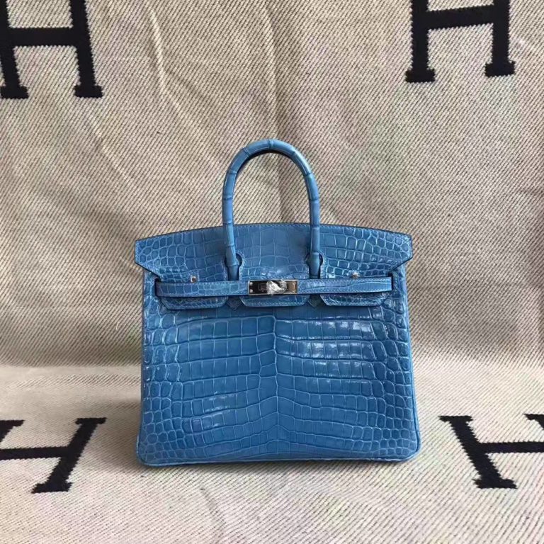 Hermes 7M Lake Blue Crocodile Shiny Leather Birkin Bag  25cm