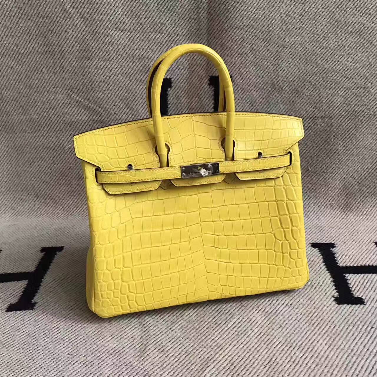Hand Stitching Hermes 9R Lemon Yellow Crocodile Matt Birkin Bag 25cm