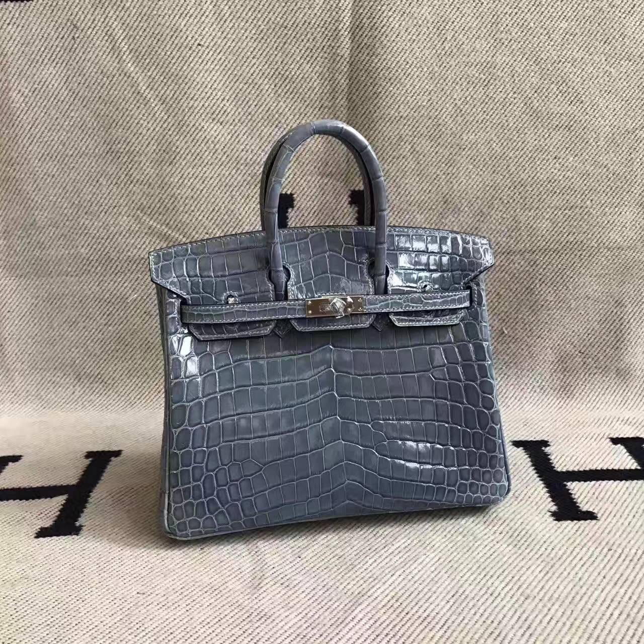 Discount Hermes CK75 Blue Jean Crocodile Shiny Leather Birkin Bag 25cm