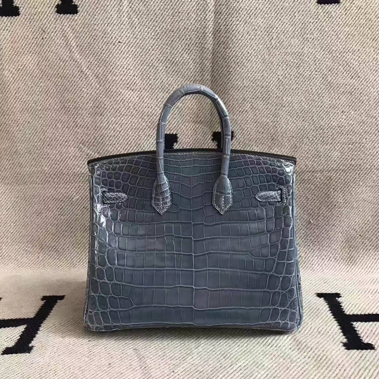 Discount Hermes CK75 Blue Jean Crocodile Shiny Leather Birkin Bag 25cm