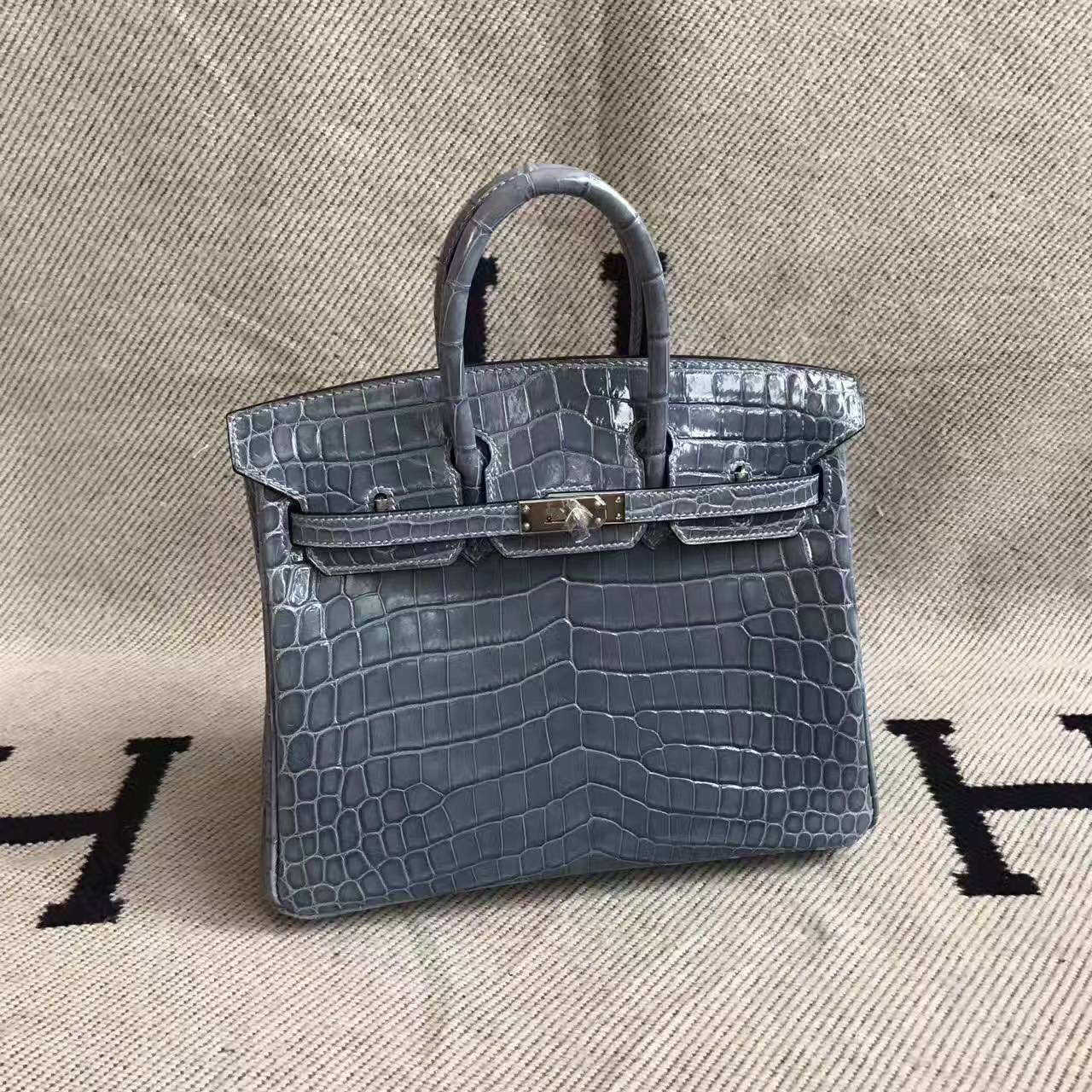 Discount Hermes CK75 Blue Jean Crocodile Shiny Leather Birkin Bag 25cm