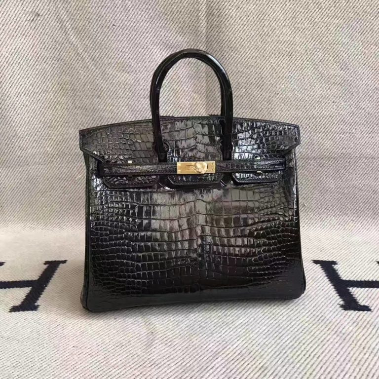 Hermes Birkin Bag  25cm in CK89 Black Crocodile Shiny Leather