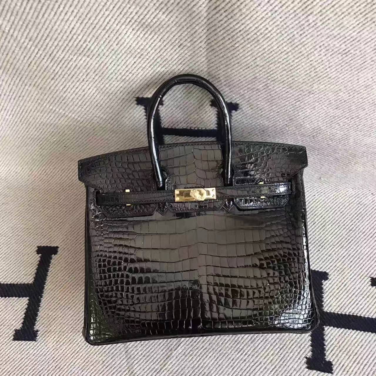 Wholesale Hermes Birkin Bag 25cm in CK89 Black Crocodile Shiny Leather