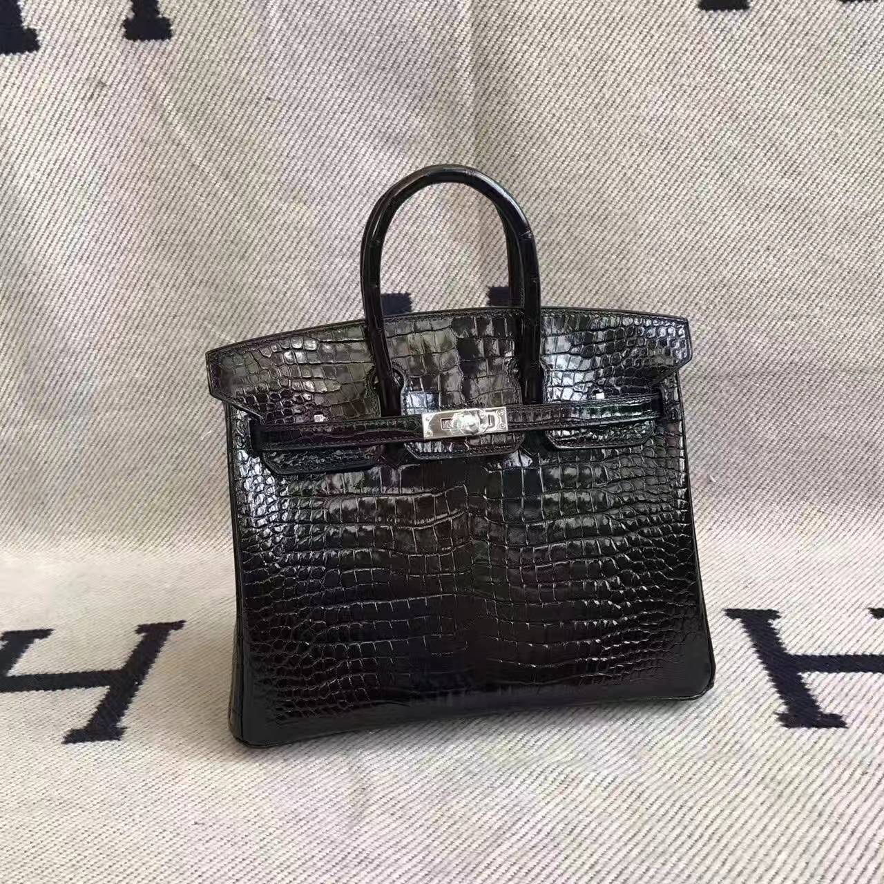 Wholesale Hermes Birkin Bag 25cm in CK89 Black Crocodile Shiny Leather