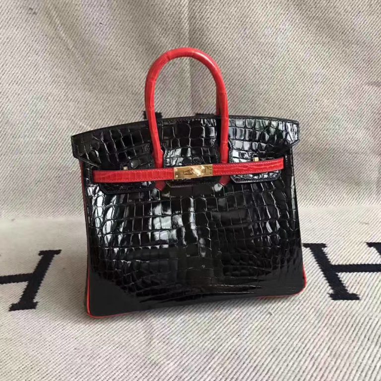 On Hermes Birkin  25cm Bag in CK89 Black & Braise Crocodile Leather
