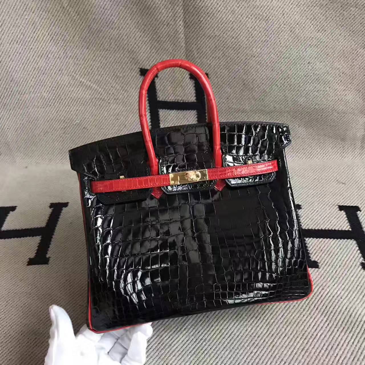 On Sale Hermes Birkin 25cm Bag in CK89 Black & Braise Crocodile Leather