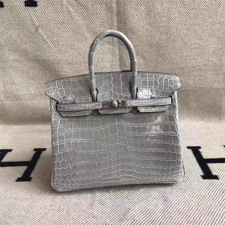 Hermes Light Grey Crocodile Shiny Leather Birkin Bag  25cm