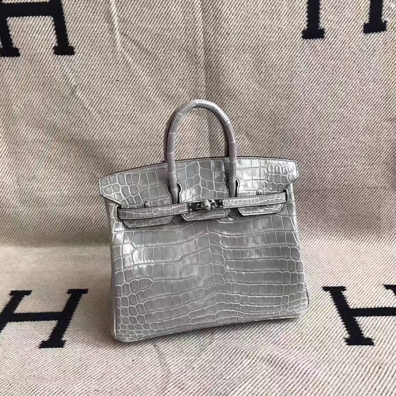 Sale Hermes Light Grey Crocodile Shiny Leather Birkin Bag 25cm