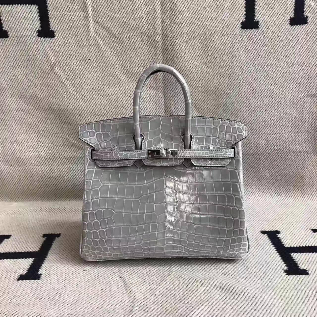 Sale Hermes Light Grey Crocodile Shiny Leather Birkin Bag 25cm