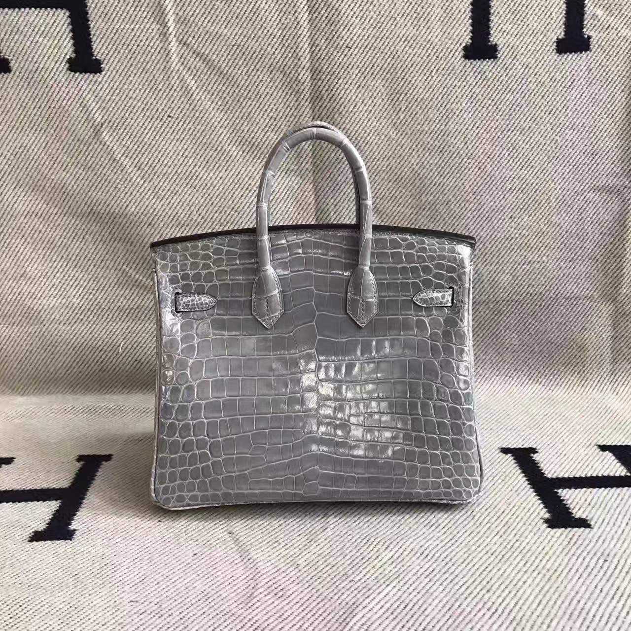 Sale Hermes Light Grey Crocodile Shiny Leather Birkin Bag 25cm