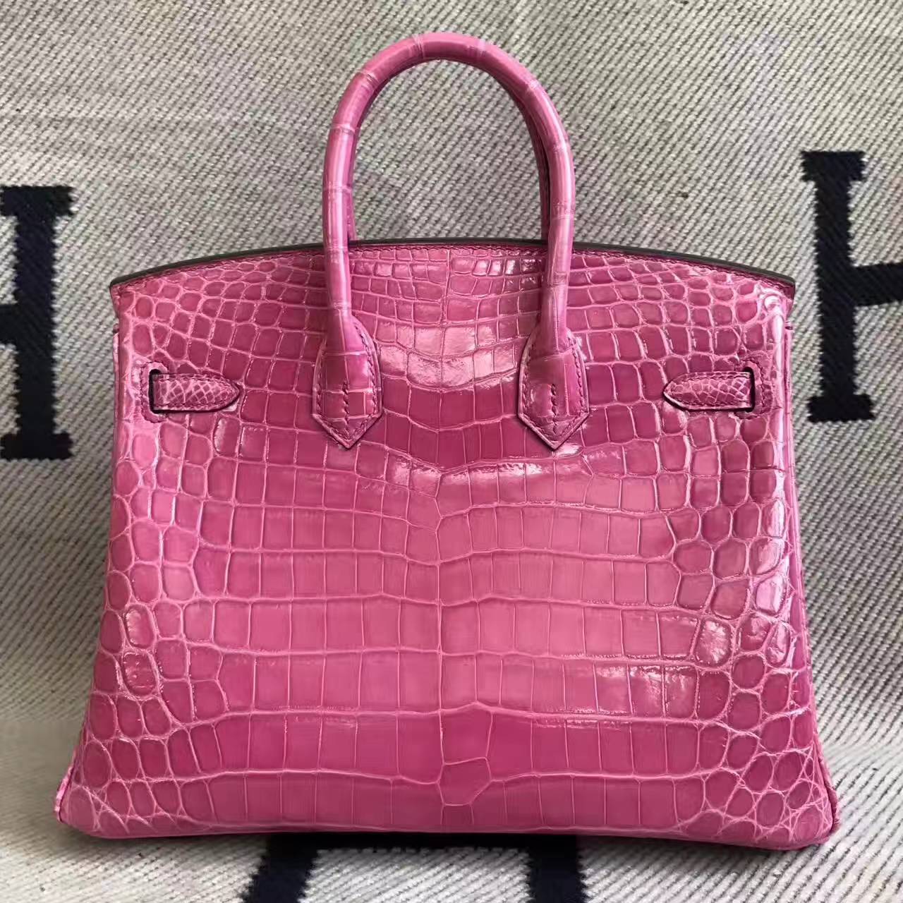 Luxury Hermes Shiny Crocodile Leather Birkin Bag 25cm in 5E Hot Pink