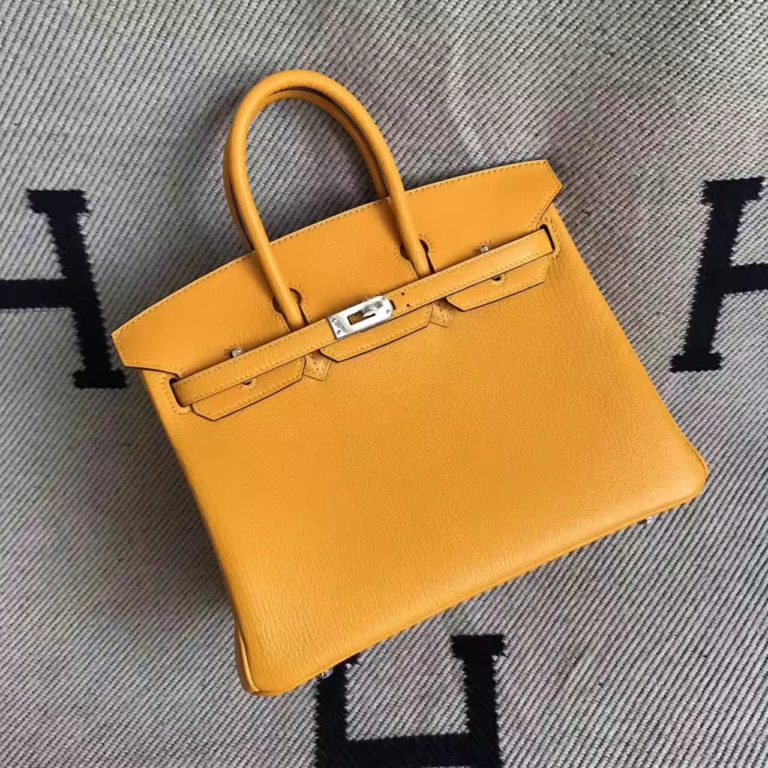 Hand Stitching Hermes 9V Sun Yellow  Chevre Leather Birkin Bag  25cm