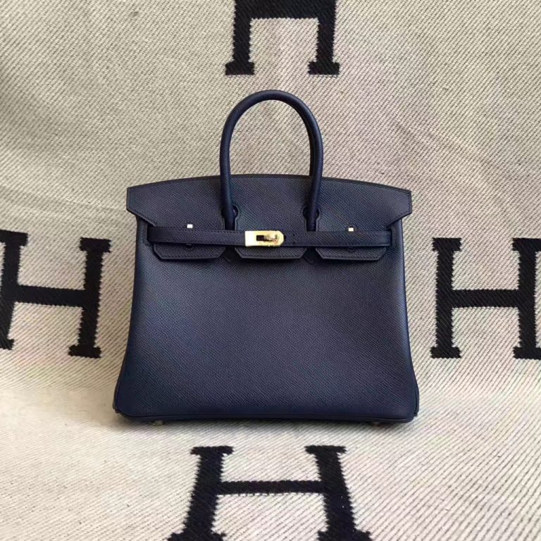 Hand Stitching Hermes 73 Blue Saphir Epsom Leather Birkin Bag  25cm