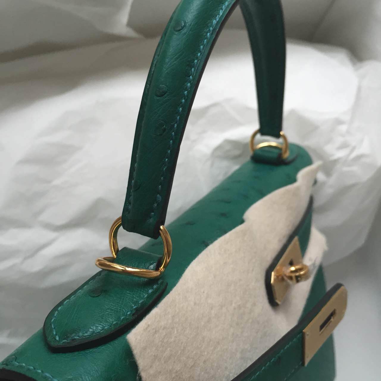 Hermes Kelly Bag Sellier 6Q Jade Green Ostrich Leather Ladies&#8217; Tote Bag