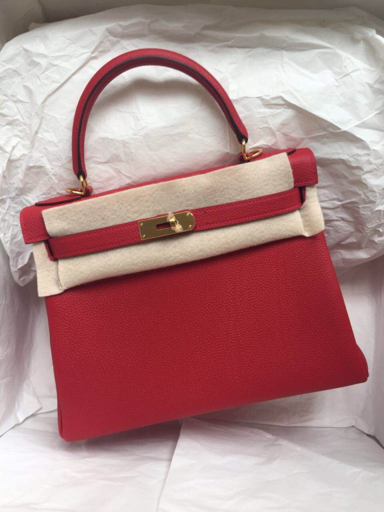 Hand Stitching Hermes Q5 Candy Red France Togo Leather Kelly Bag 28cm Retourne Gold Hardware