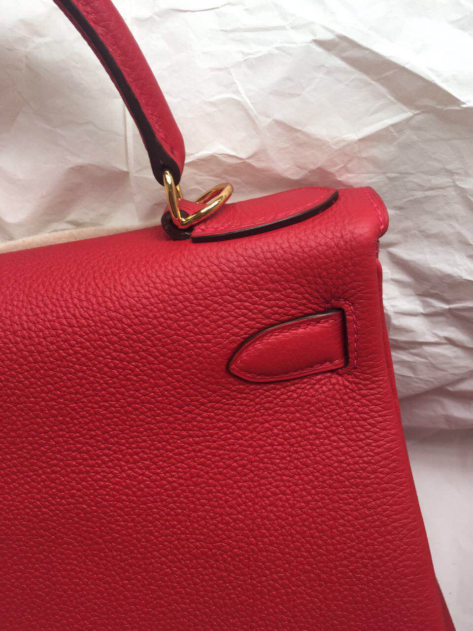 Hand Stitching Hermes Q5 Candy Red France Togo Leather Kelly Bag28cm Retourne Gold Hardware