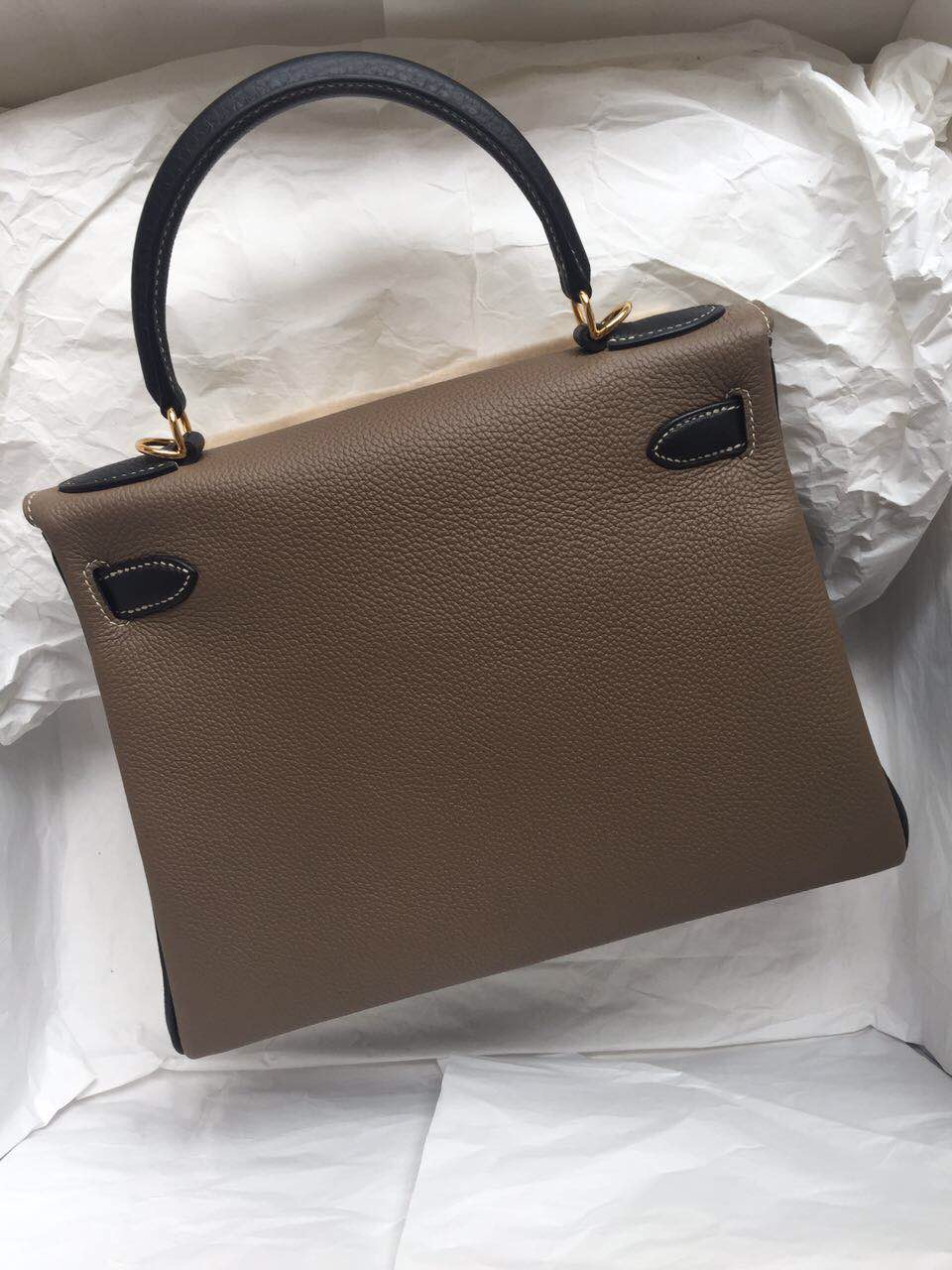 28cm Hermes Kelly Bag France Togo Leather Gris Tourterelle/Etoupe Grey/Black