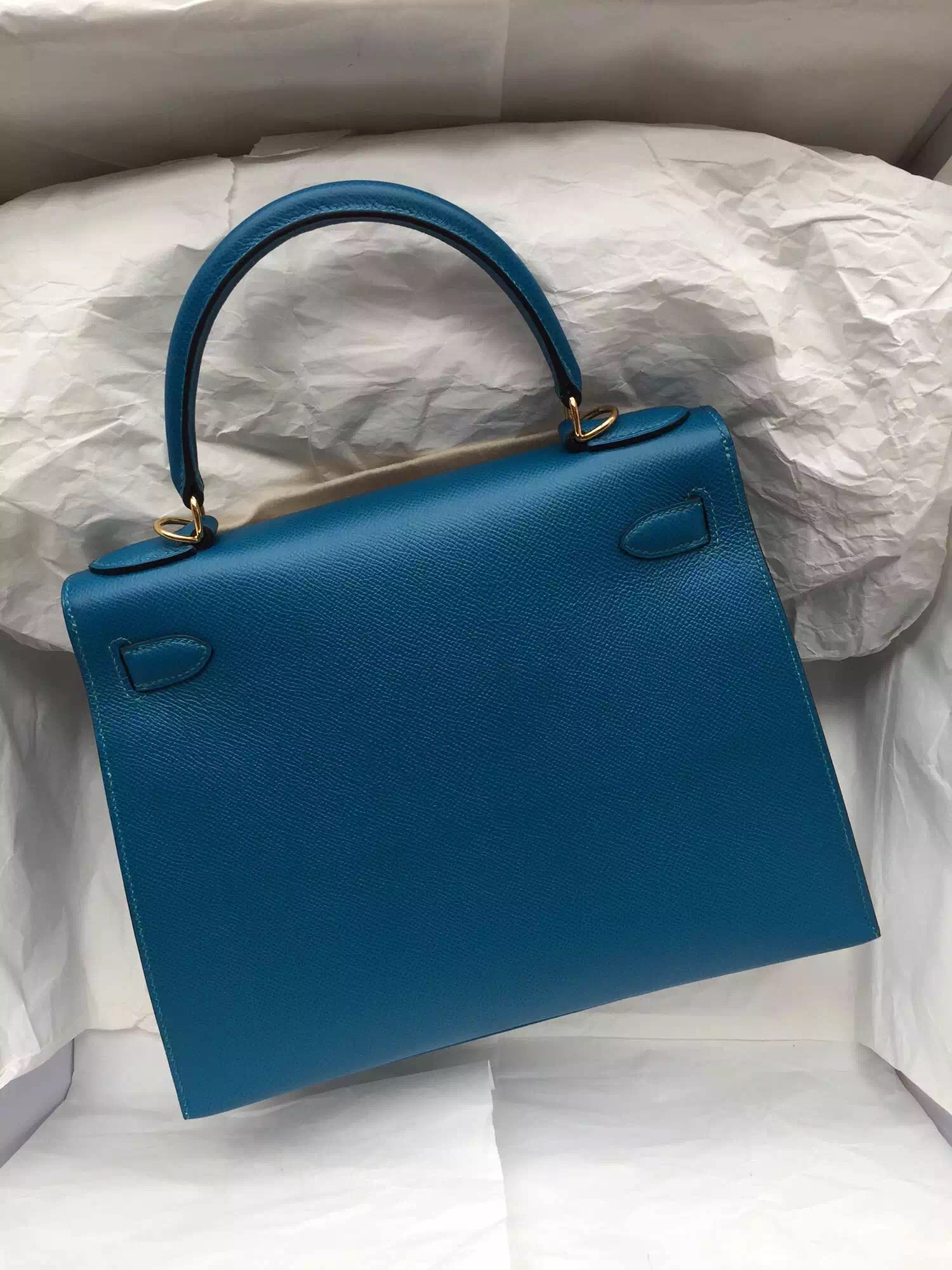 Wholesale Hermes 7W Blue Izmir Epsom Leather Kelly Bag 28cm Gold Hardware
