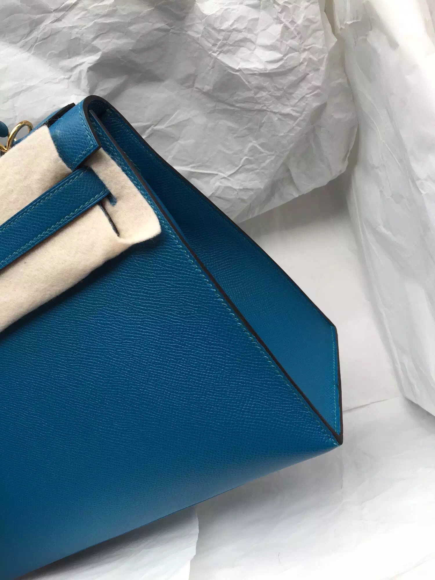 Wholesale Hermes 7W Blue Izmir Epsom Leather Kelly Bag 28cm Gold Hardware