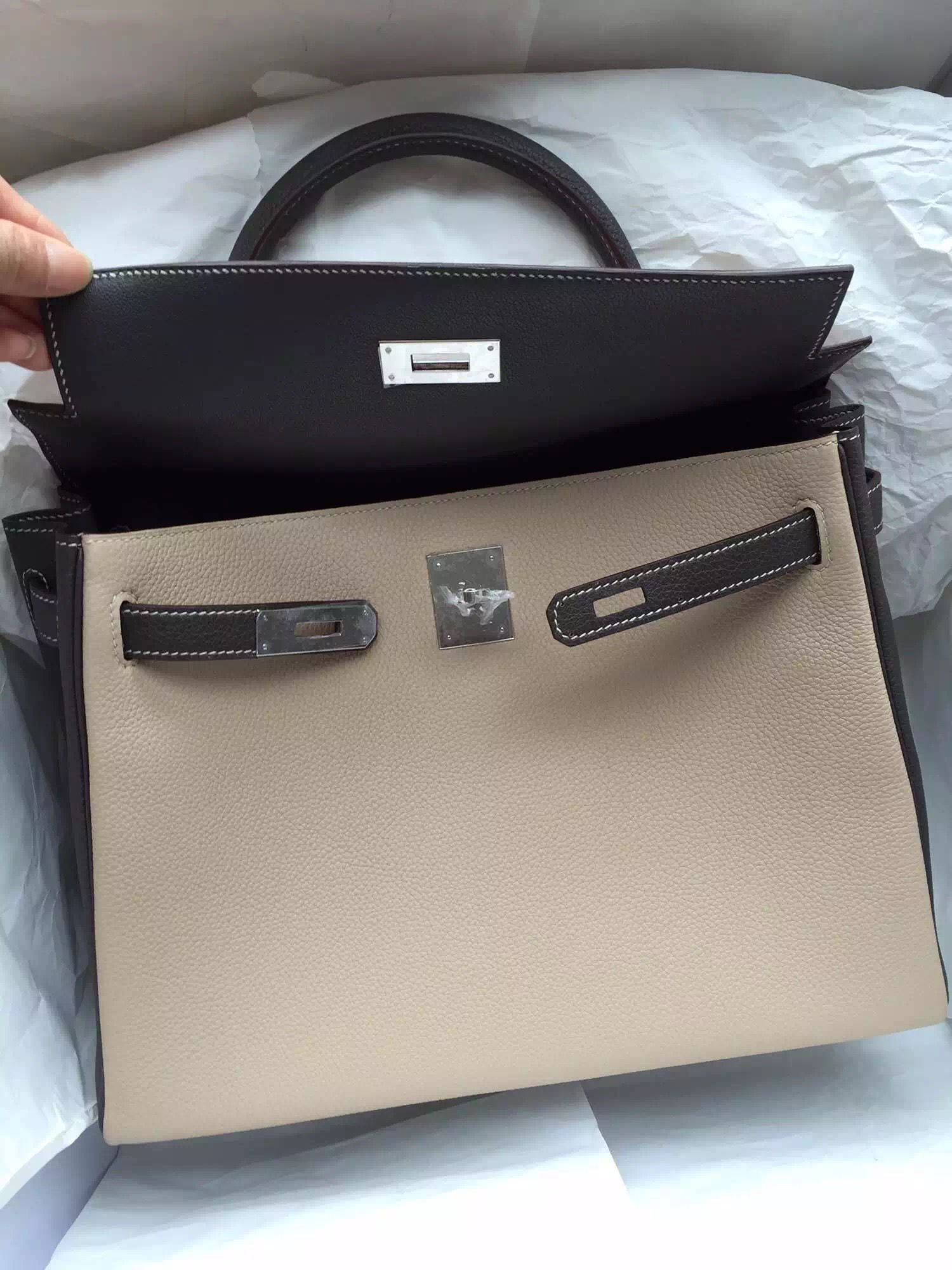 Hot Sale Hermes Kelly Bag Retourne Diamond Grey/Gris Tourterelle/Pencil Grey Togo Leather