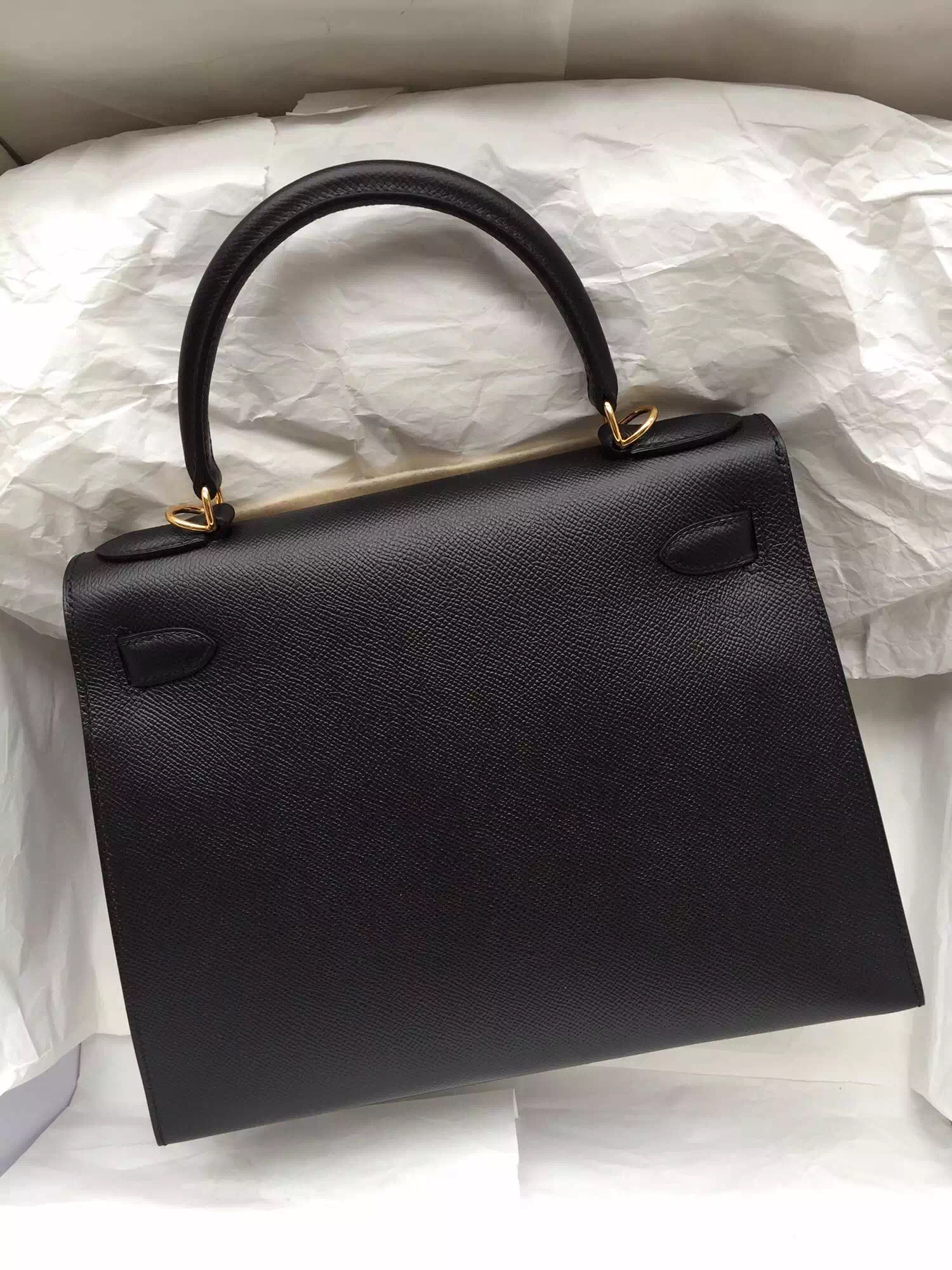 Fashion Hermes Black Epsom Leather Kelly Bag Sellier Gold Hardware 28cm