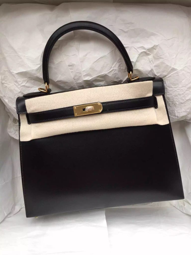 Hermes Kelly Bag Sellier Black Box Leather  28cm Womens Tote Bag
