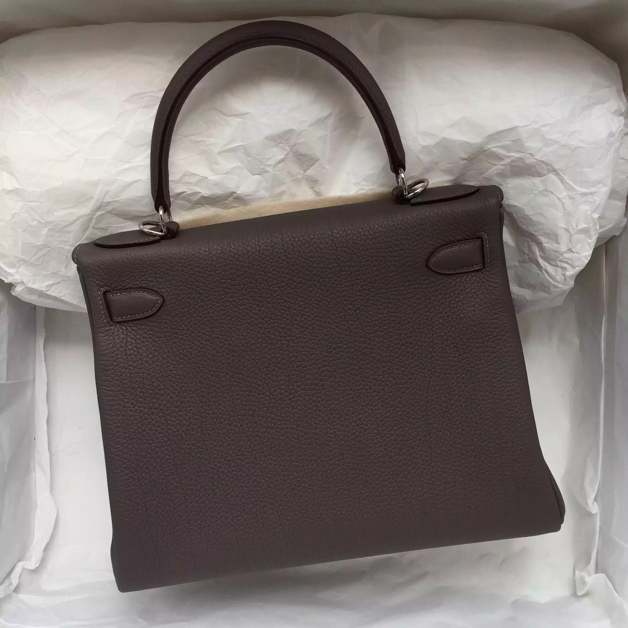 Hand Stitching 8F Etain Grey Togo Leather Hermes Kelly Bag Retourne 28CM