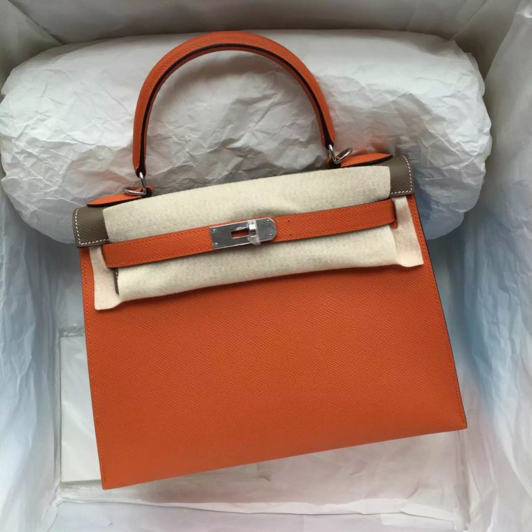 Hermes Kelly Bag Sellier  28CM Epsom Leather Orange/Etoupe Grey/Candy Blue