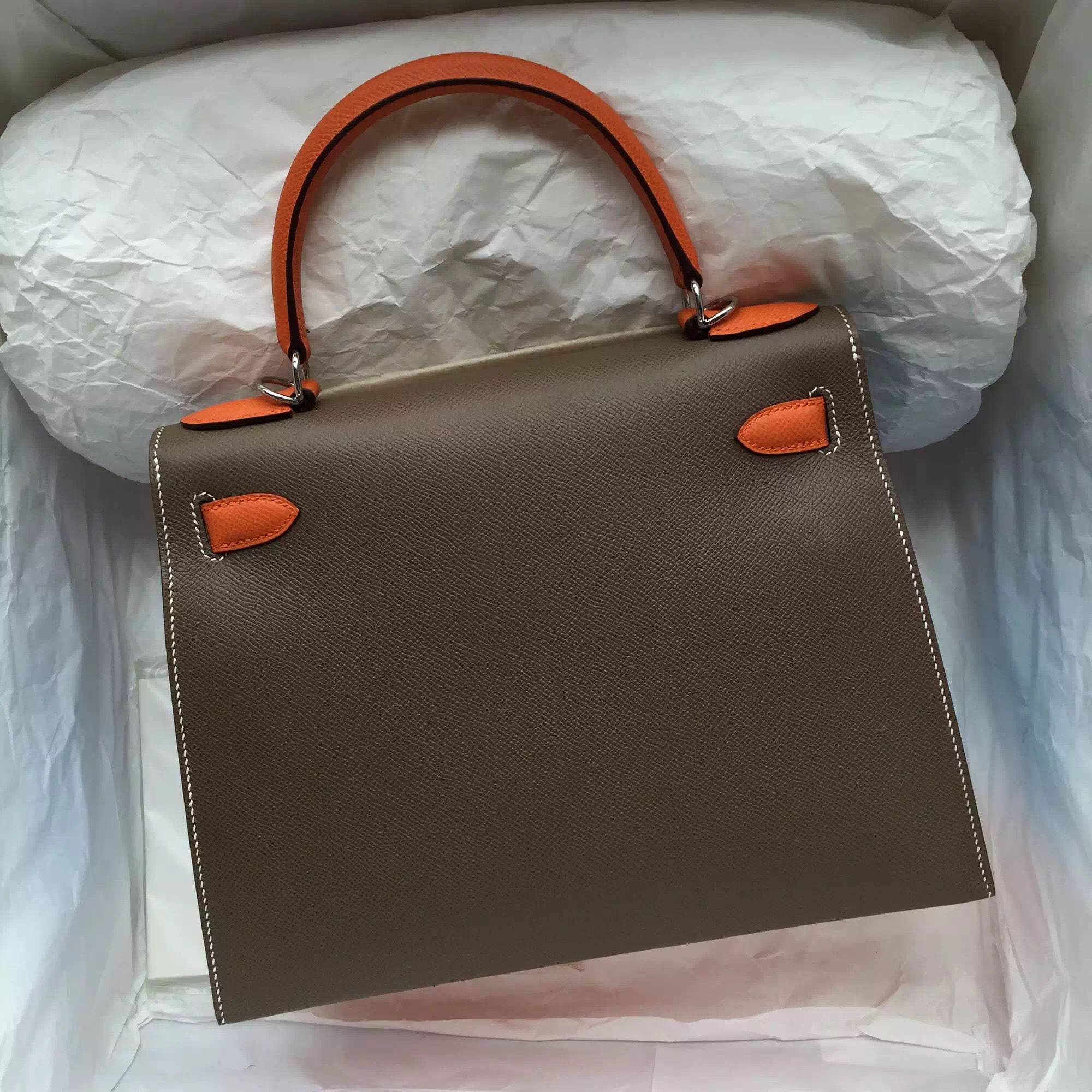 Sale Hermes Kelly Bag Sellier 28CM Epsom Leather Orange/Etoupe Grey/Candy Blue