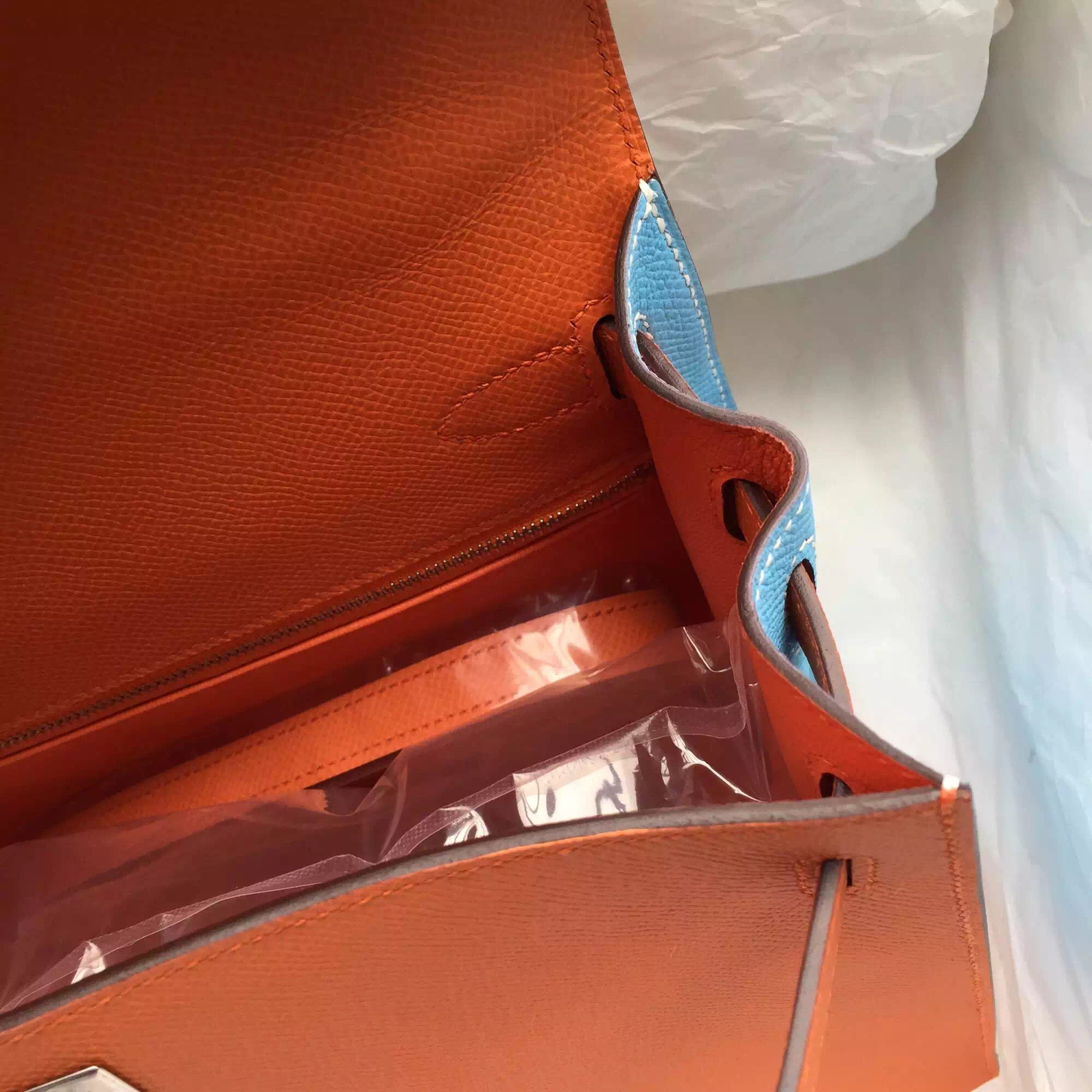 Sale Hermes Kelly Bag Sellier 28CM Epsom Leather Orange/Etoupe Grey/Candy Blue