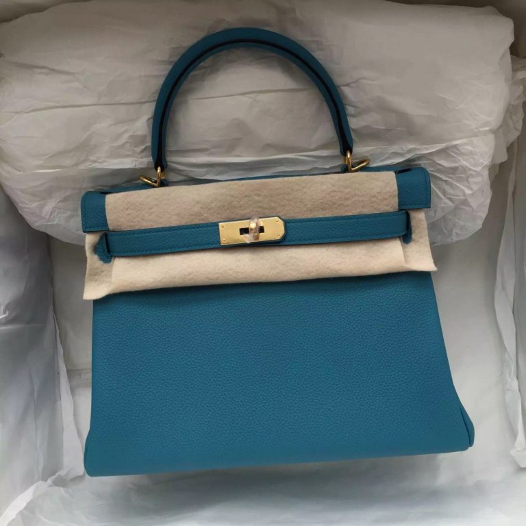 7B Turquoise Blue Top Togo Calfskin Leather Hermes Kelly 28 Womens Tote