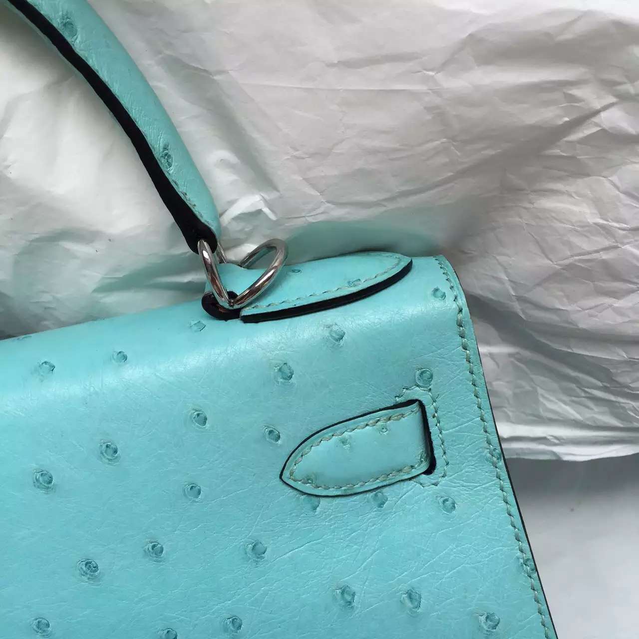 Sale Hermes Kelly Bag 28CM 3P Lagon Blue Ostrich Leather Elegant Women&#8217;s Tote Bag