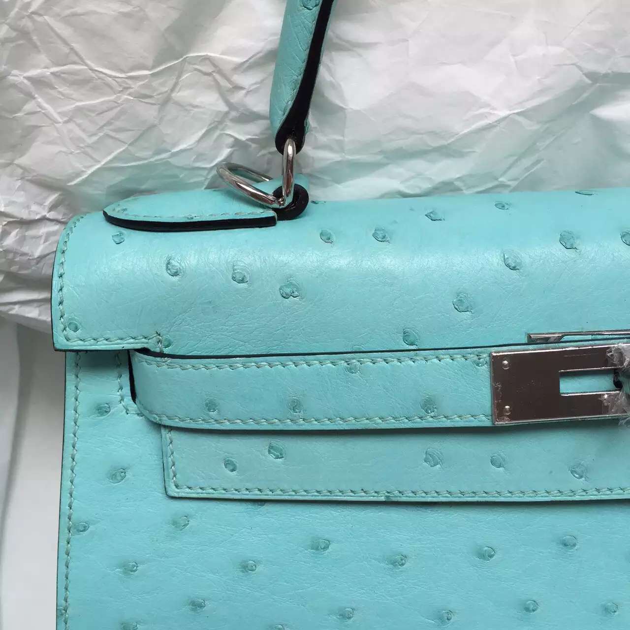 Sale Hermes Kelly Bag 28CM 3P Lagon Blue Ostrich Leather Elegant Women&#8217;s Tote Bag