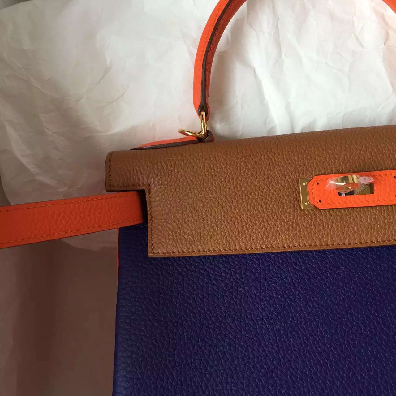 Hermes Color Blocking Togo Leather Kelly Bag 28CM Retourne Gold &#038; Silver Hardware