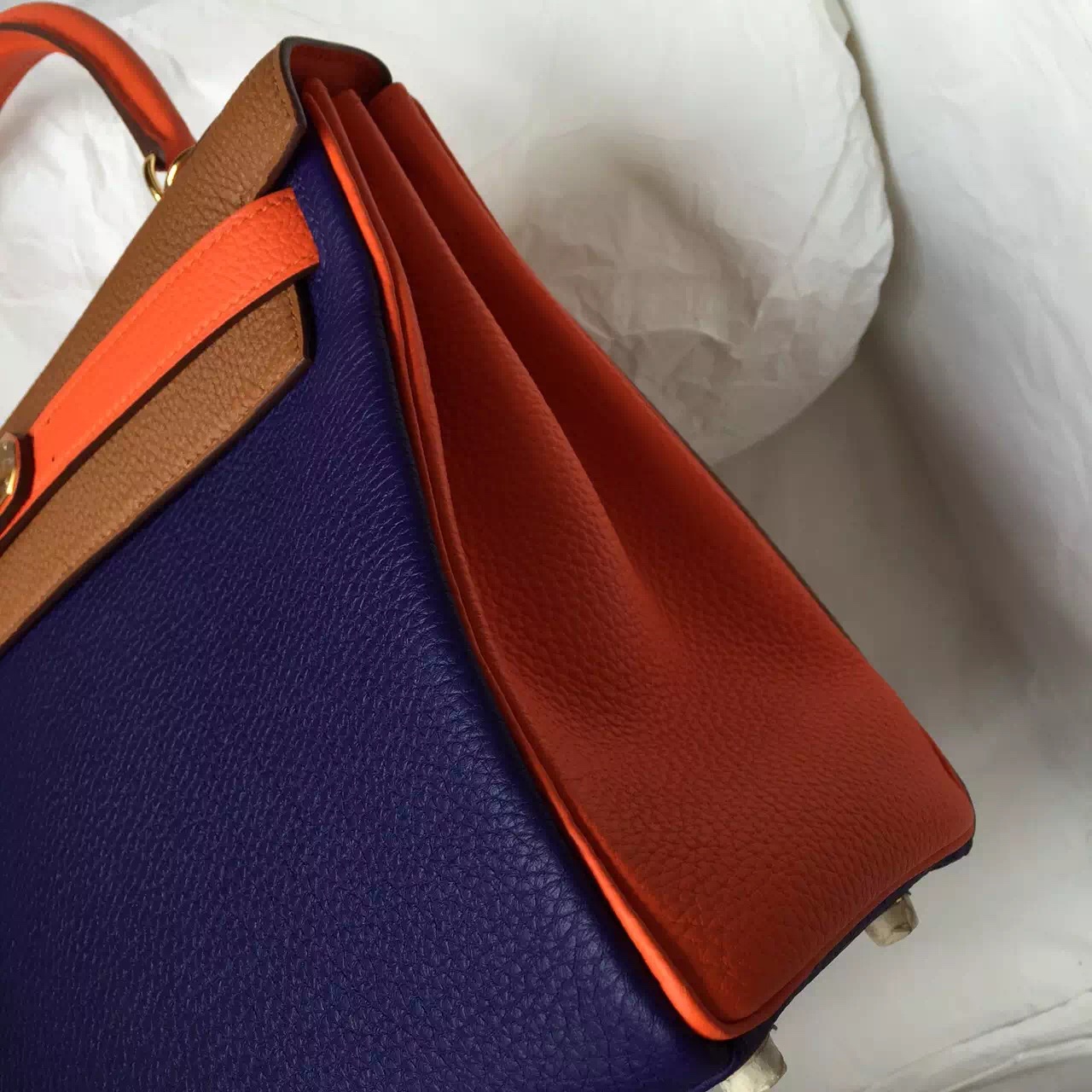 Hermes Color Blocking Togo Leather Kelly Bag 28CM Retourne Gold &#038; Silver Hardware