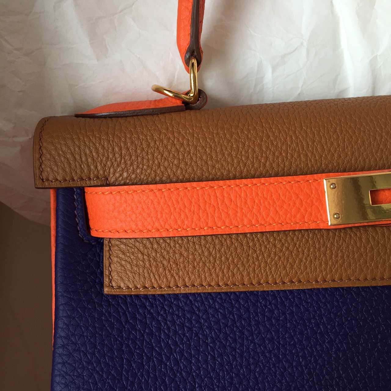 Hermes Color Blocking Togo Leather Kelly Bag 28CM Retourne Gold & Silver Hardware