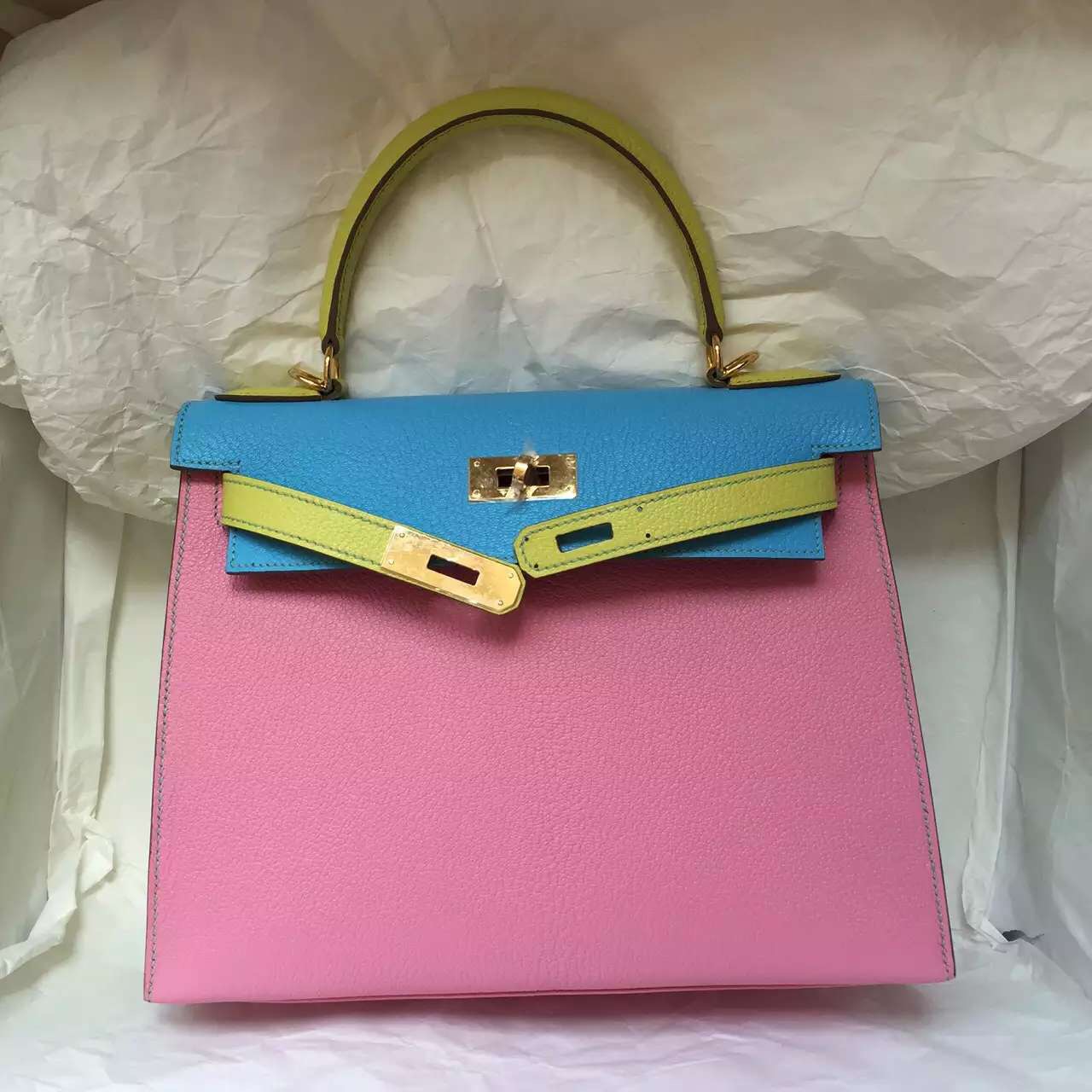 Wholesale Hermes Colorblock Chevre Leather Sellier Kelly 28CM Gold Hardware